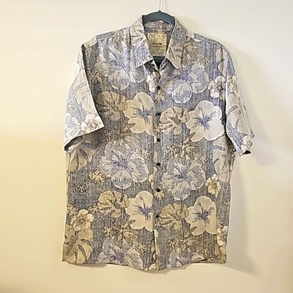 Tasso‎ Elba ISLAND 75% silk/25% linen mens reverse Fabric Hawaian shirt. Medium